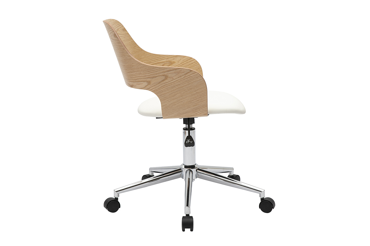Chaise de bureau � roulettes design blanc, bois clair ch�ne et acier chrom� JANET