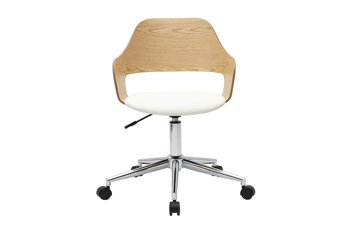 Chaise de bureau � roulettes design blanc, bois clair ch�ne et acier chrom� JANET