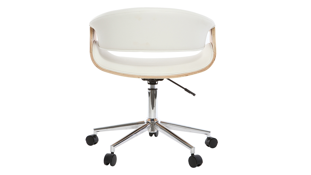 Chaise de bureau à roulettes design blanc, bois clair et acier chromé ARAMIS