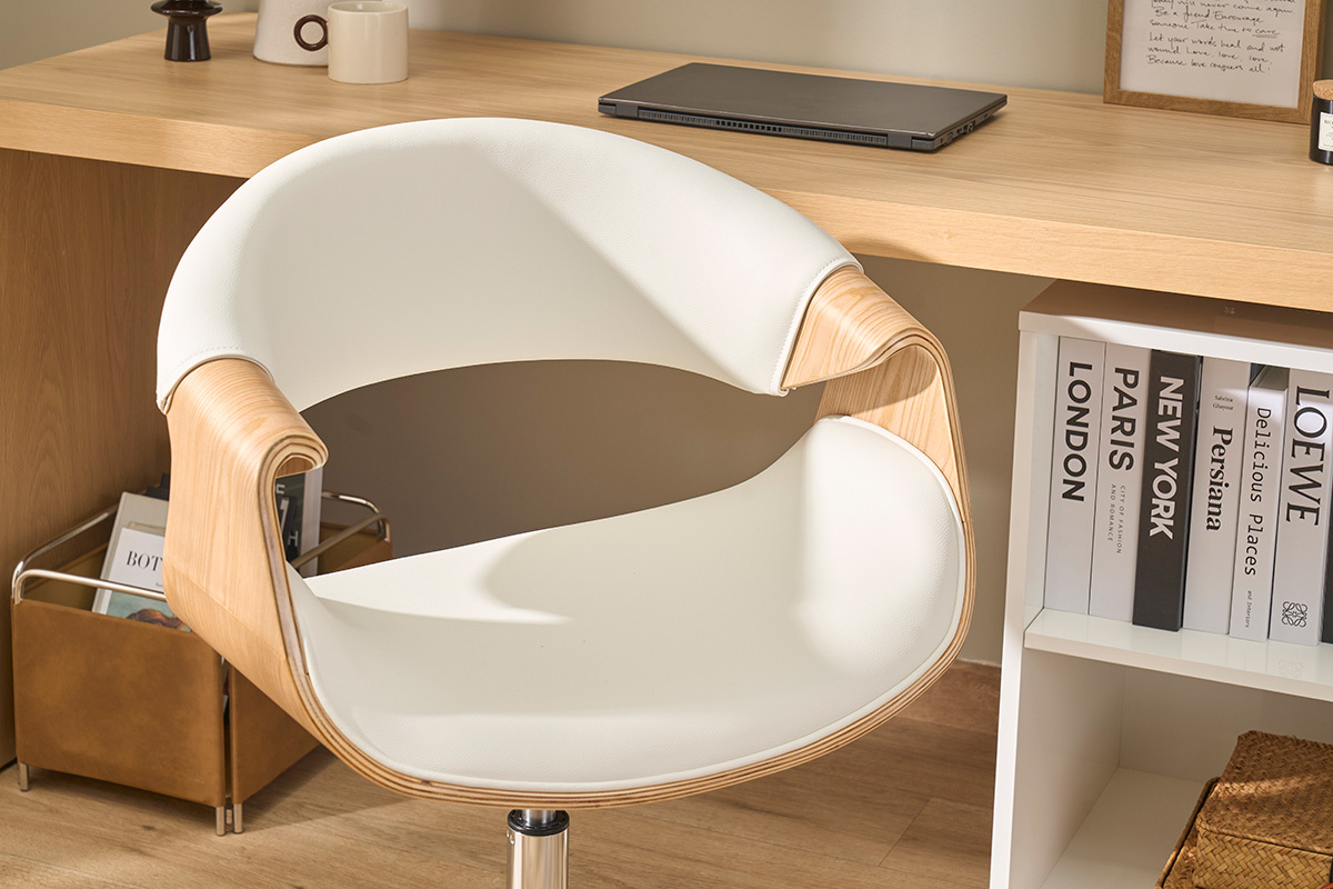 Chaise de bureau � roulettes design blanc, bois clair et acier chrom� ARAMIS