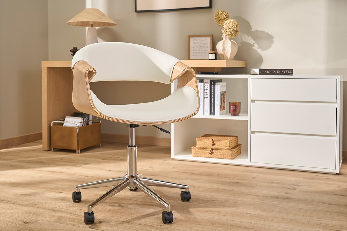 Chaise de bureau � roulettes design blanc, bois clair et acier chrom� ARAMIS