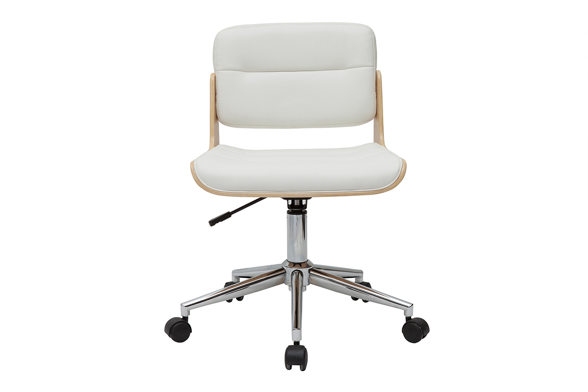 Chaise de bureau  roulettes design blanc, bois clair et acier chrom ARAMON