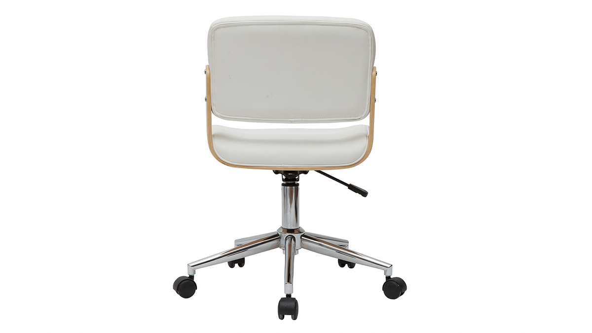 Chaise de bureau  roulettes design blanc, bois clair et acier chrom ARAMON