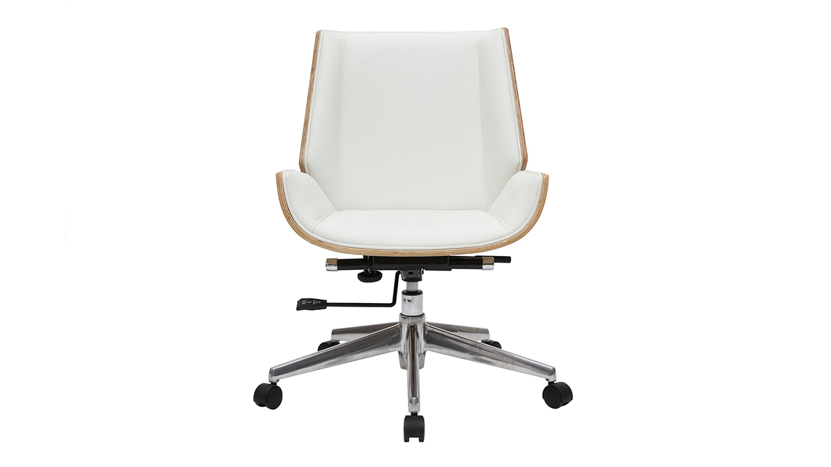 Chaise de bureau  roulettes design blanc, bois clair et acier chrom CURVED