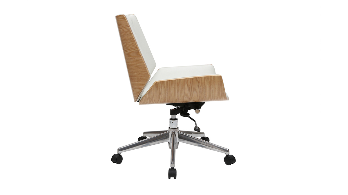 Chaise de bureau  roulettes design blanc, bois clair et acier chrom CURVED