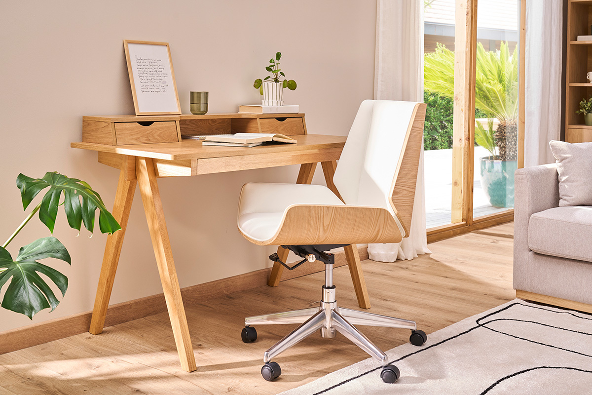Chaise de bureau  roulettes design blanc, bois clair et acier chrom CURVED
