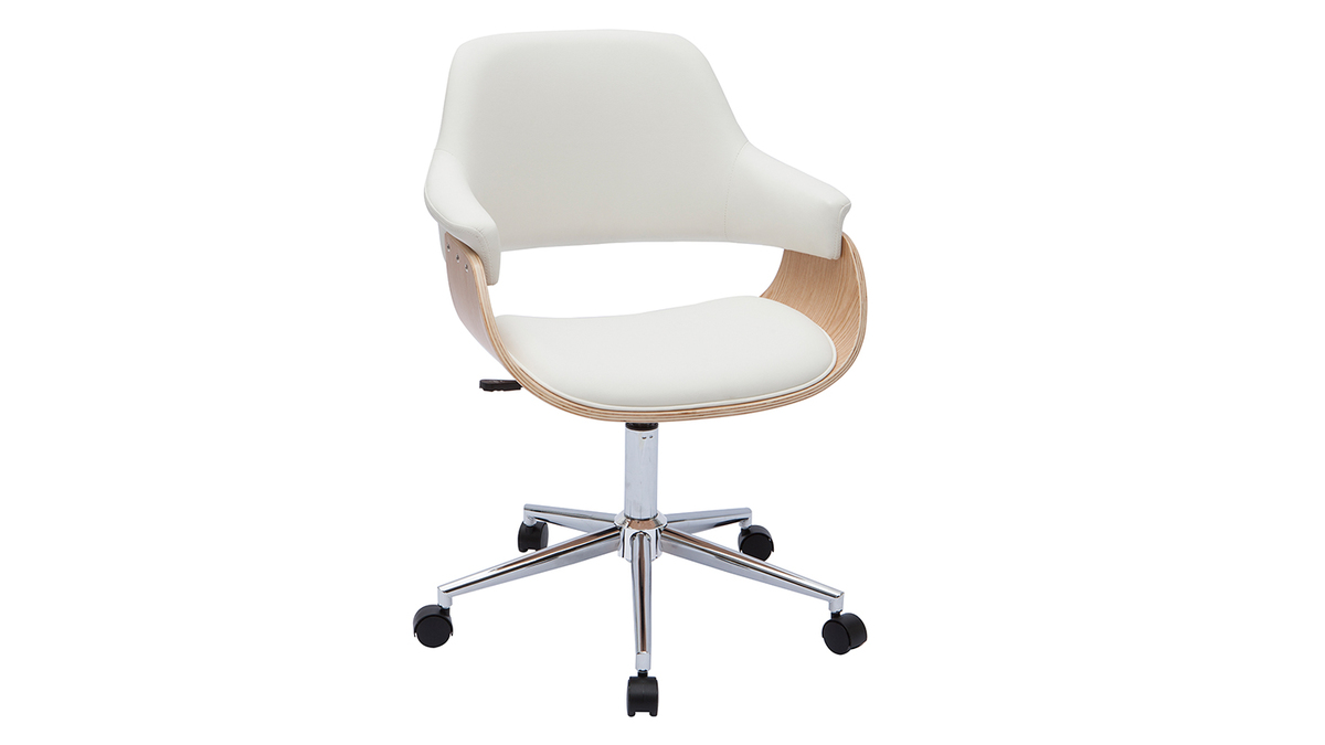 Chaise de bureau  roulettes design blanc, bois clair et acier chrom HANSEN