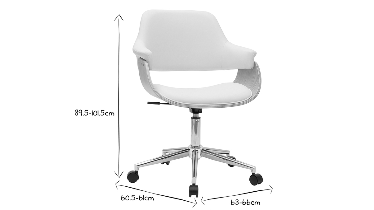 Chaise de bureau  roulettes design blanc, bois clair et acier chrom HANSEN