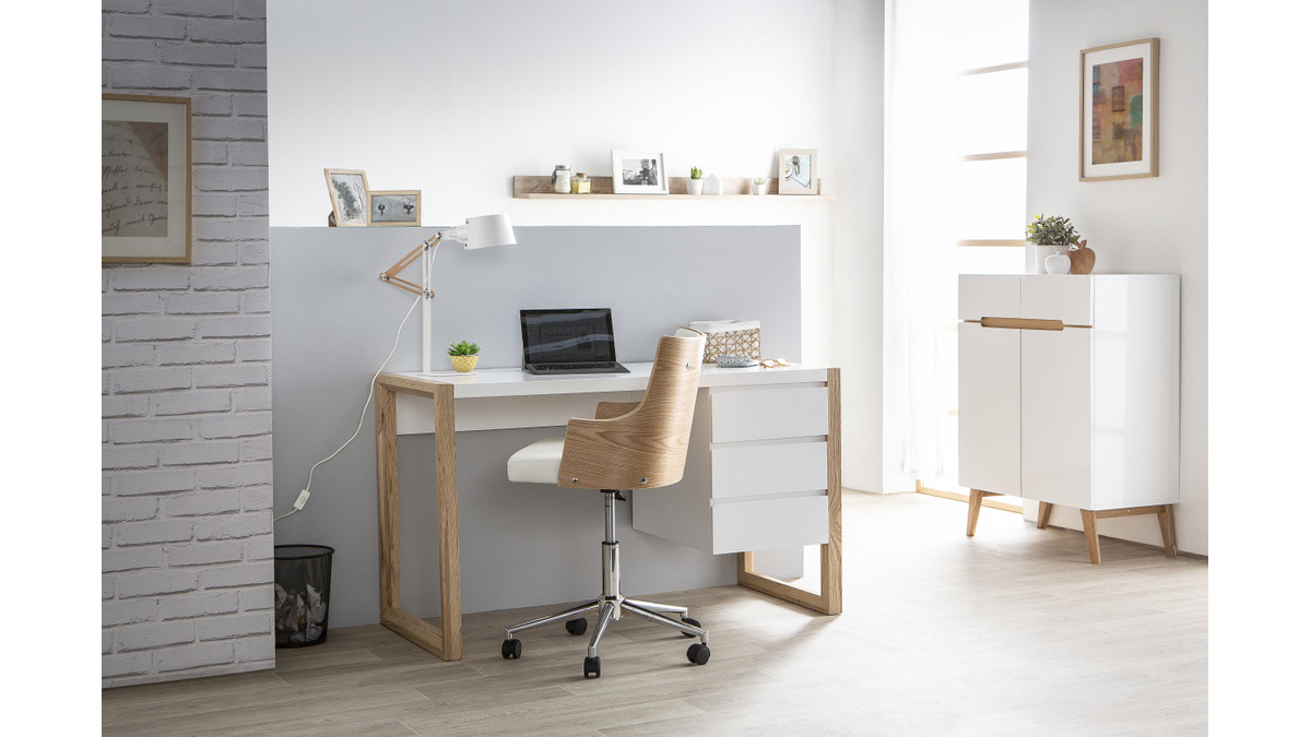 Chaise de bureau  roulettes design blanc, bois clair et acier chrom MAYOL