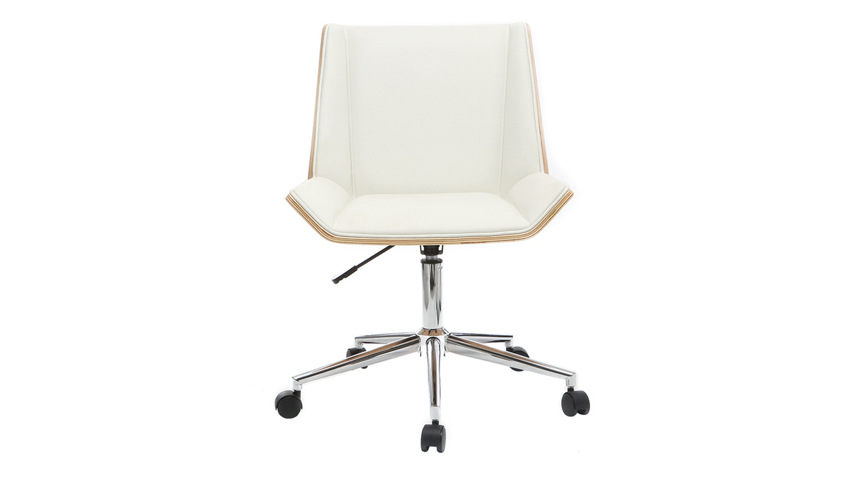 Chaise de bureau à roulettes design blanc, bois clair et acier chromé MELKIOR
