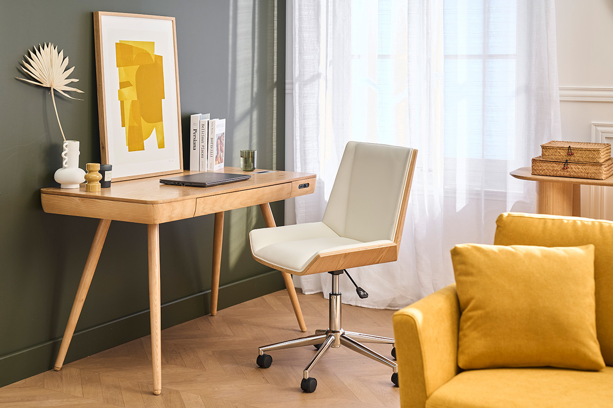 Chaise de bureau � roulettes design blanc, bois clair et acier chrom� MELKIOR