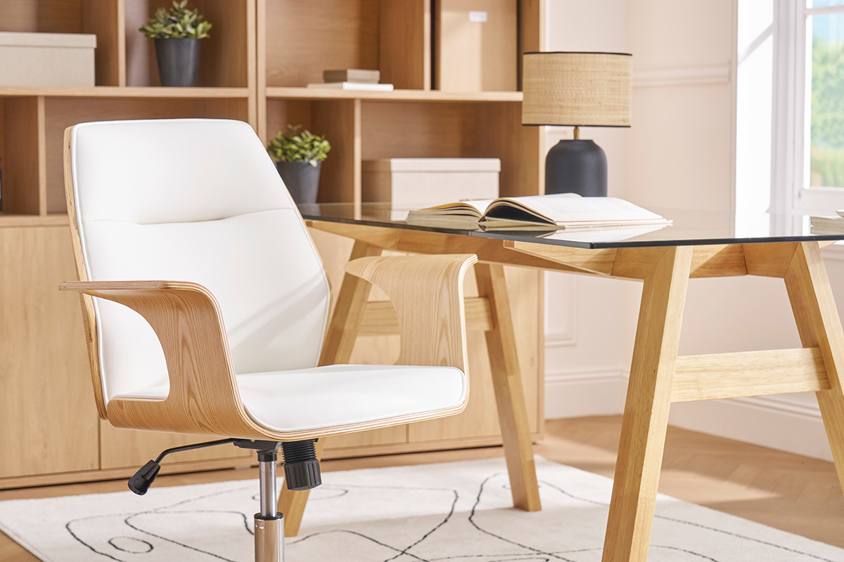 Chaise de bureau  roulettes design blanc, bois clair et acier chrom RUFIN