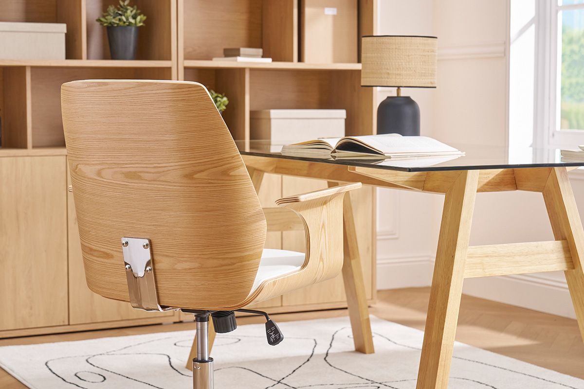 Chaise de bureau  roulettes design blanc, bois clair et acier chrom RUFIN