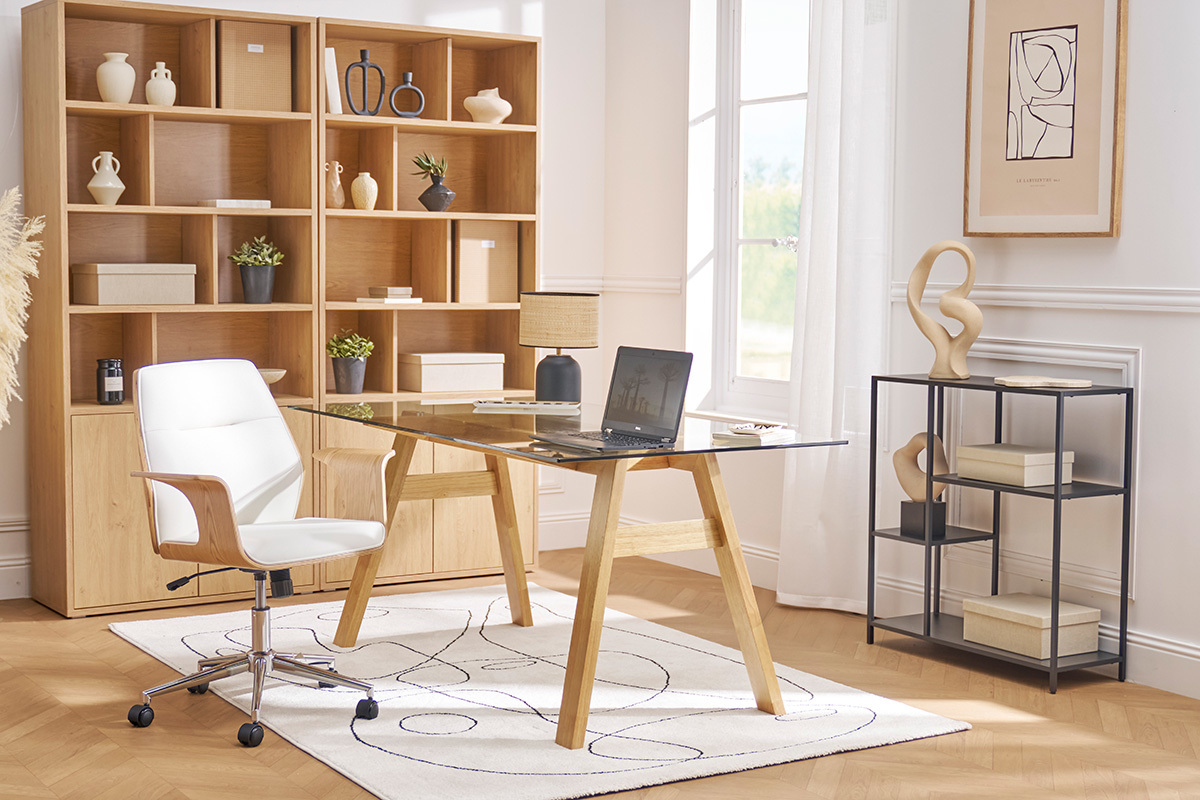 Chaise de bureau  roulettes design blanc, bois clair et acier chrom RUFIN