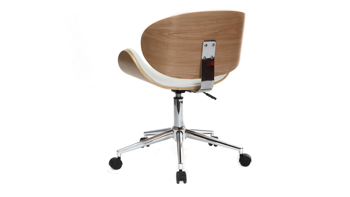 Chaise de bureau  roulettes design blanc, bois clair et acier chrom WALNUT