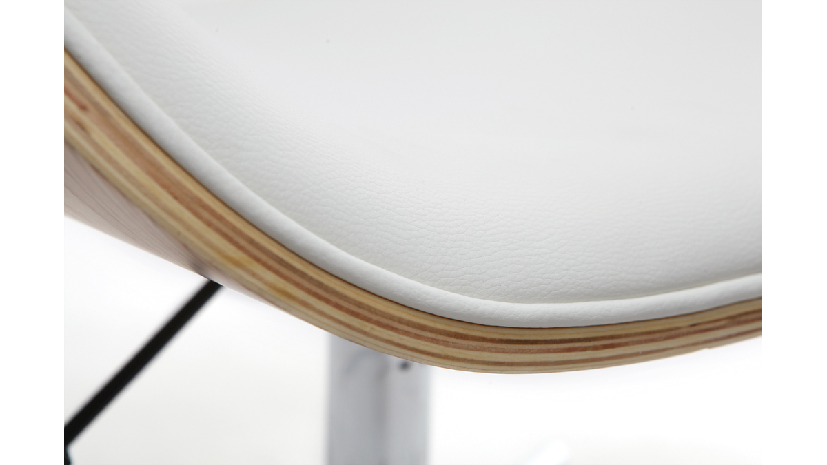 Chaise de bureau  roulettes design blanc, bois clair et acier chrom WALNUT
