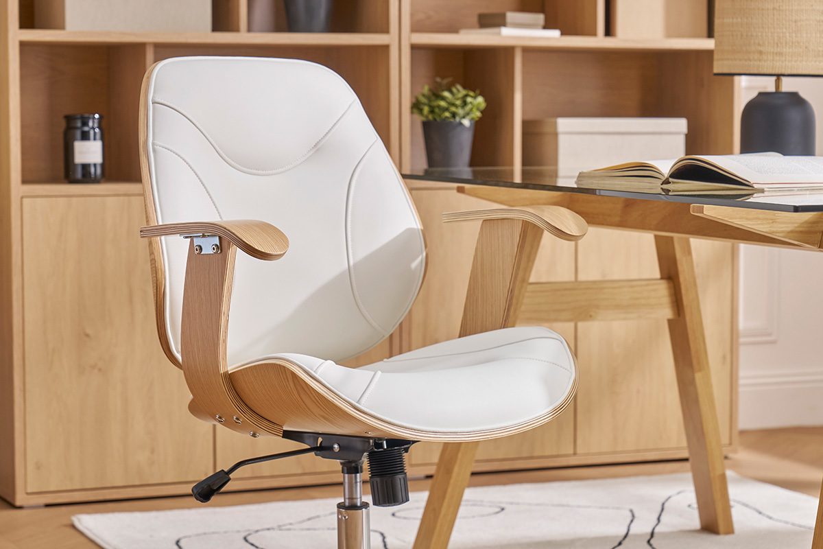Chaise de bureau  roulettes design blanc, bois clair et acier chrom YORKE