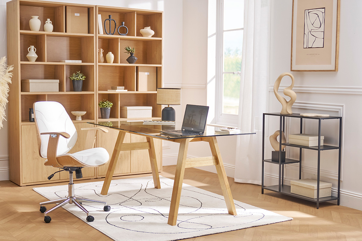Chaise de bureau  roulettes design blanc, bois clair et acier chrom YORKE
