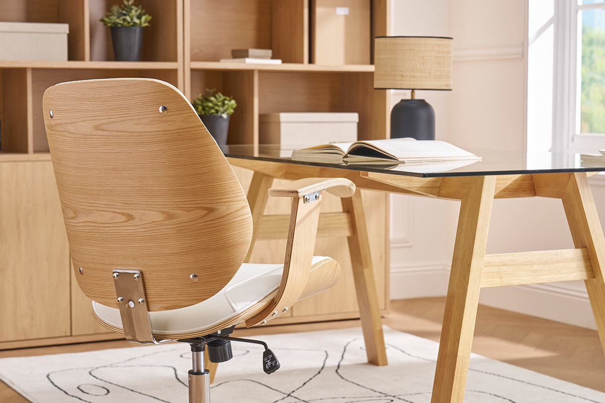 Chaise de bureau  roulettes design blanc, bois clair et acier chrom YORKE