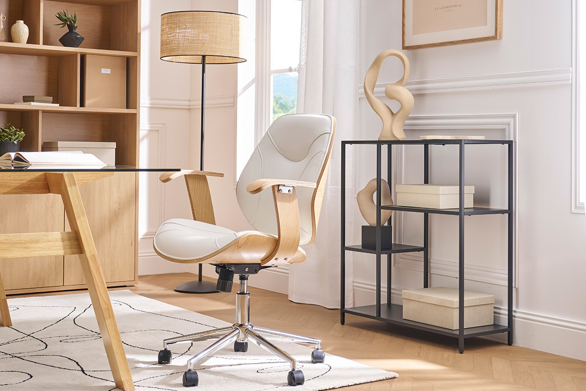 Chaise de bureau  roulettes design blanc, bois clair et acier chrom YORKE