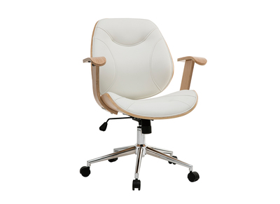 Chaise de bureau à roulettes design blanc, bois clair et acier chromé YORKE