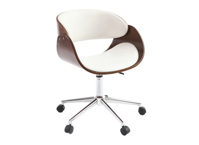 Chaise de bureau à roulettes design blanc, bois foncé noyer et acier chromé BENT