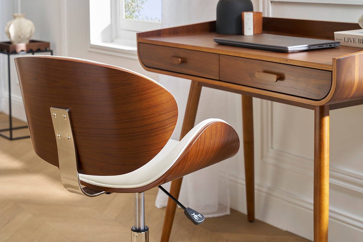 Chaise de bureau � roulettes design blanc, bois fonc� noyer et acier chrom� WALNUT