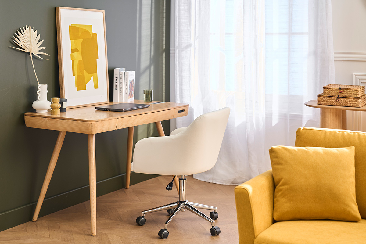 Chaise de bureau � roulettes design blanc et acier chrom� BALTIK