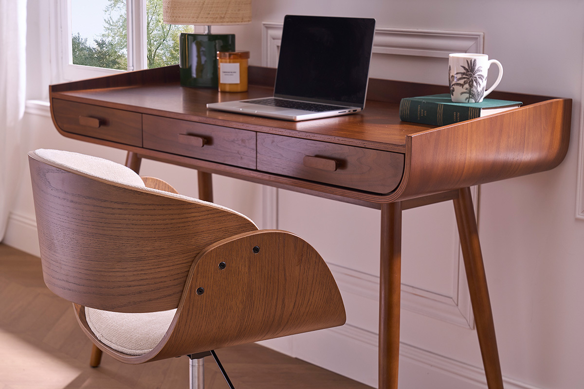Chaise de bureau  roulettes design en bois fonc et tissu effet velours textur beige BENT