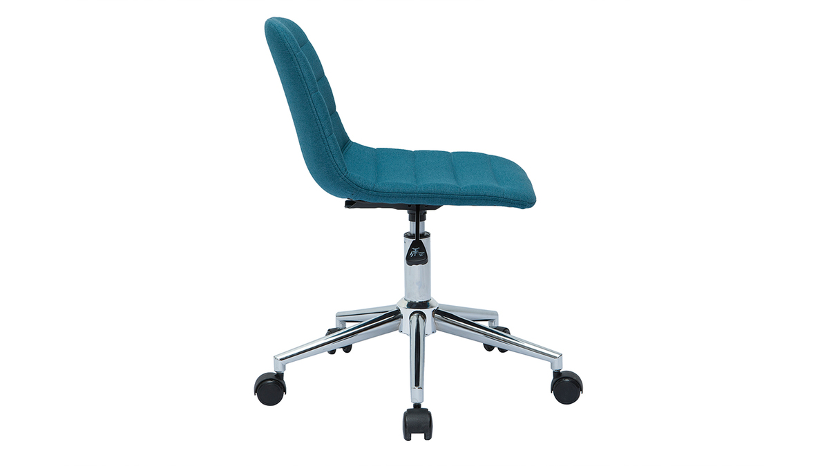 Chaise de bureau  roulettes design en tissu bleu canard et acier chrom SAURY