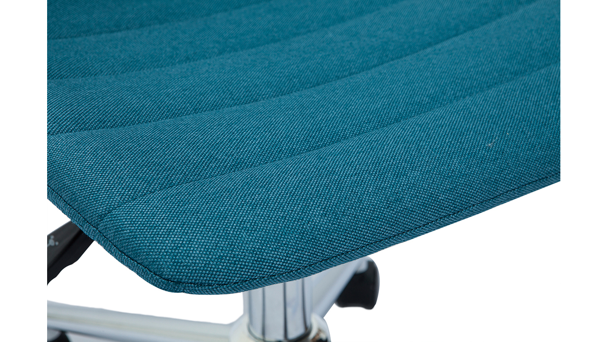 Chaise de bureau  roulettes design en tissu bleu canard et acier chrom SAURY