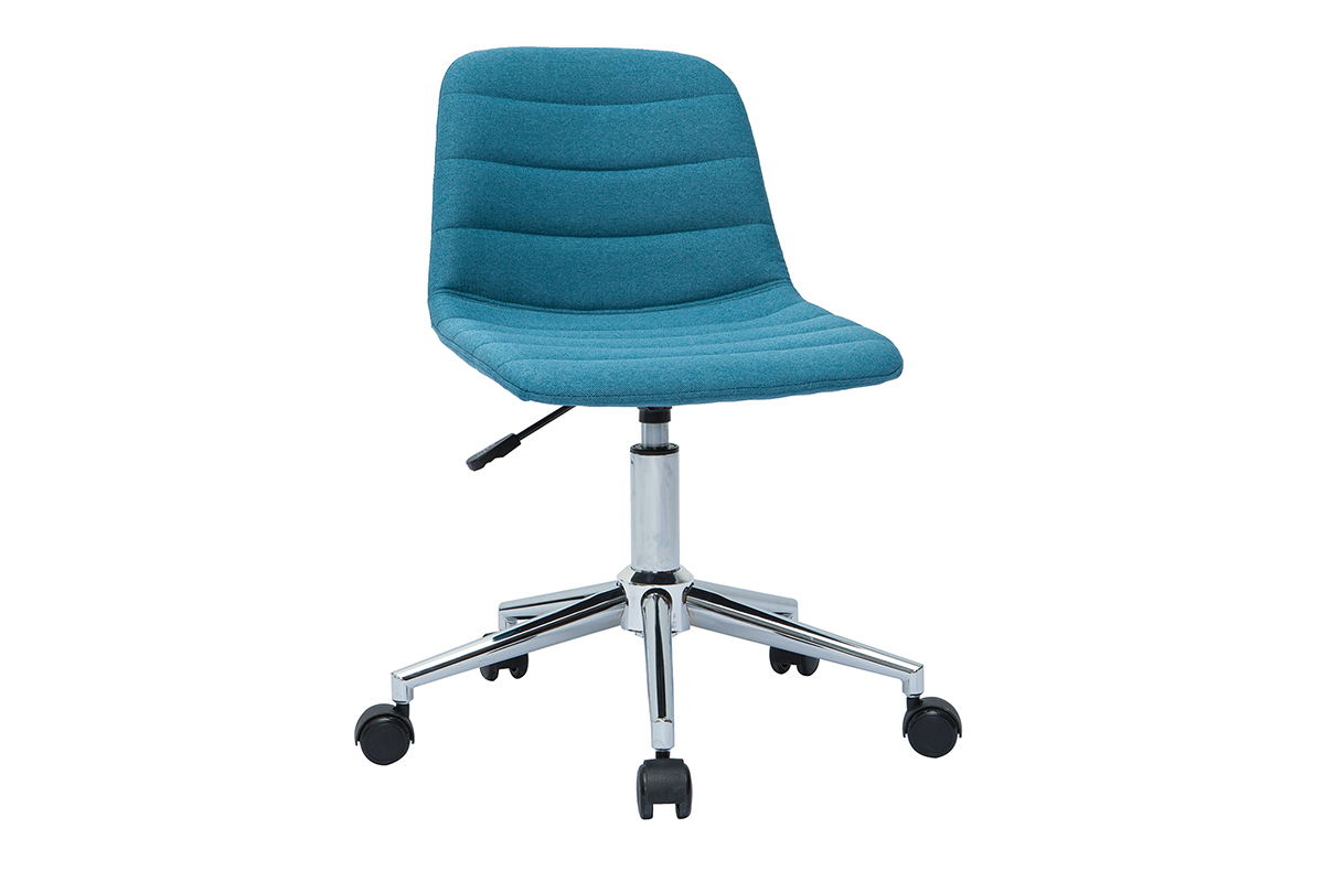 Chaise de bureau  roulettes design en tissu bleu canard et acier chrom SAURY
