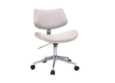 Chaise de bureau à roulettes design en tissu effet velours texturé beige, bois clair chêne et métal MALMO