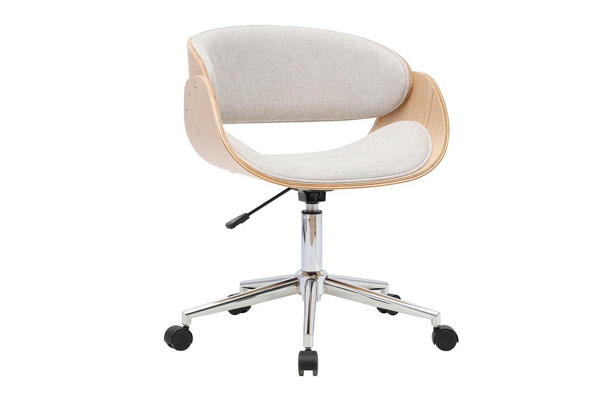 Chaise de bureau � roulettes design en tissu effet velours textur� beige, bois clair et acier chrom� BENT