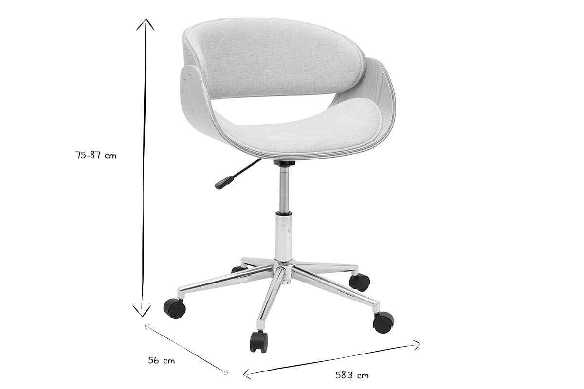 Chaise de bureau � roulettes design en tissu effet velours textur� beige, bois clair et acier chrom� BENT