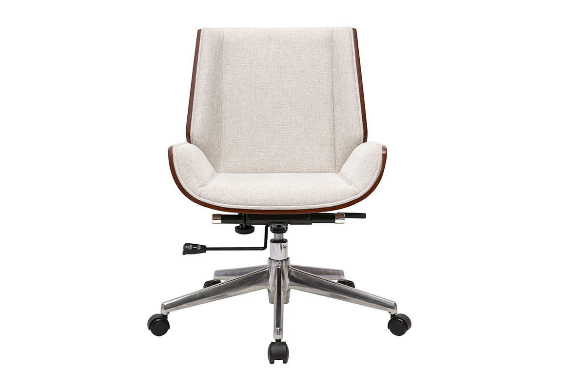 Chaise de bureau � roulettes design en tissu effet velours textur� beige, bois fonc� et acier chrom� CURVED