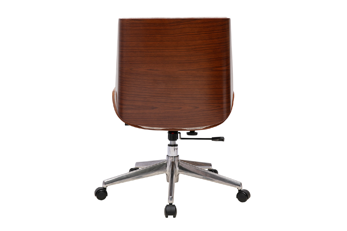 Chaise de bureau � roulettes design en tissu effet velours textur� beige, bois fonc� et acier chrom� CURVED