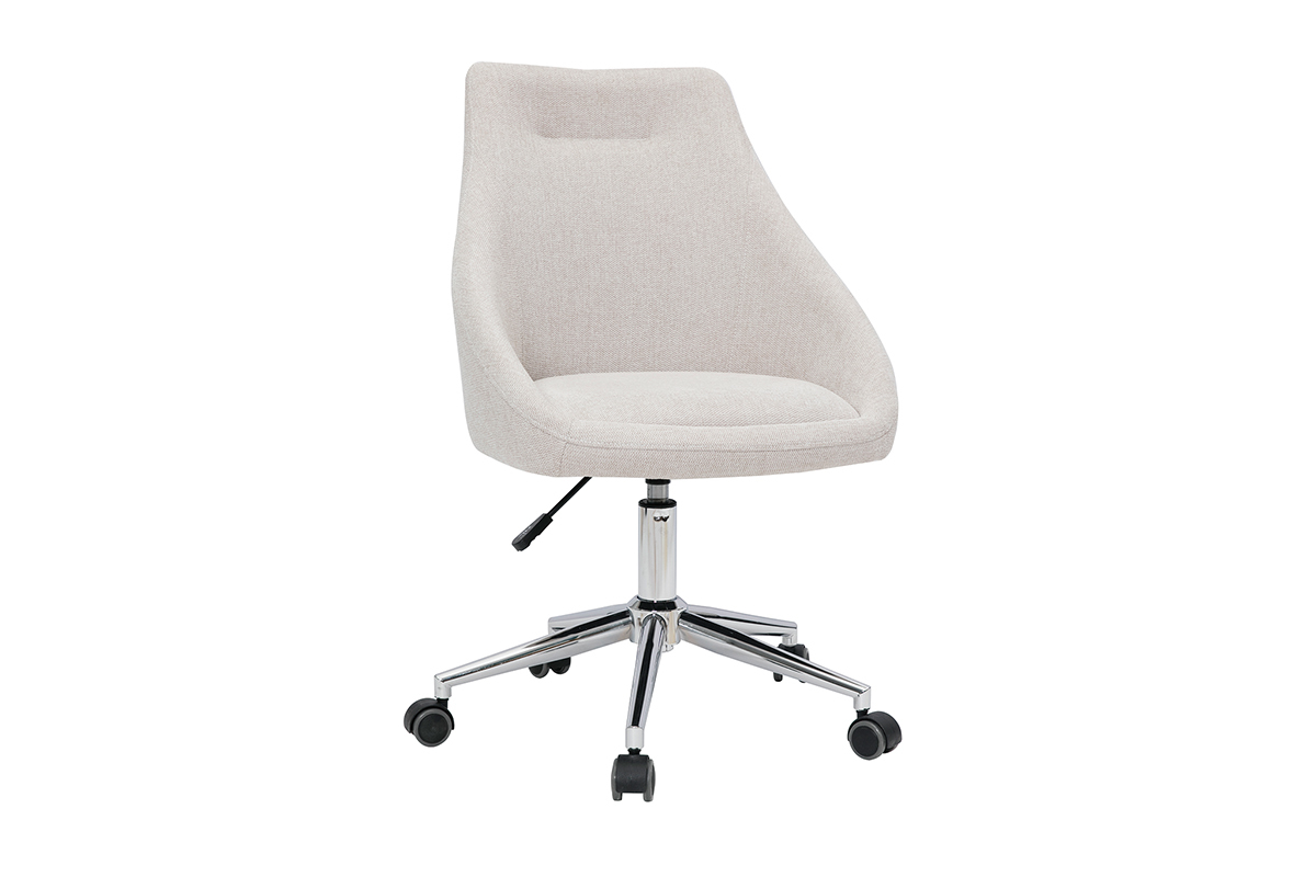 Chaise de bureau  roulettes design en tissu effet velours textur beige et acier chrom BOOMER