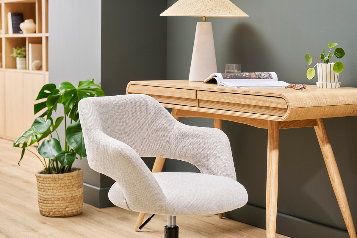 Chaise de bureau  roulettes design en tissu effet velours textur beige et mtal noir JESSY