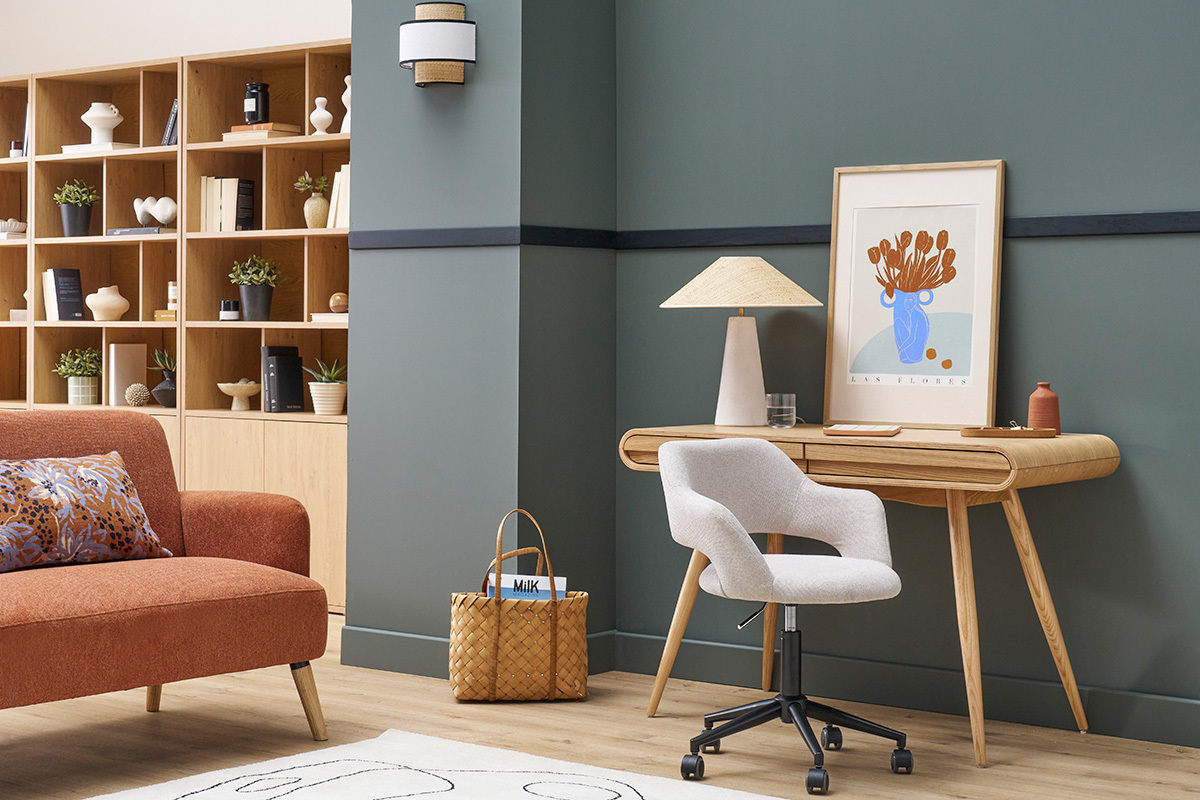 Chaise de bureau  roulettes design en tissu effet velours textur beige et mtal noir JESSY