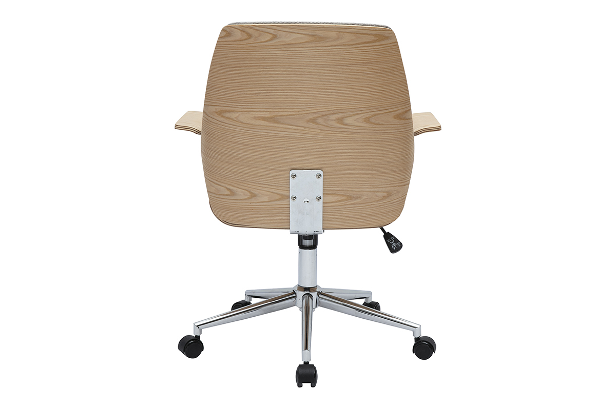 Chaise de bureau � roulettes design en tissu effet velours textur� gris, bois clair et acier chrom� RUFIN