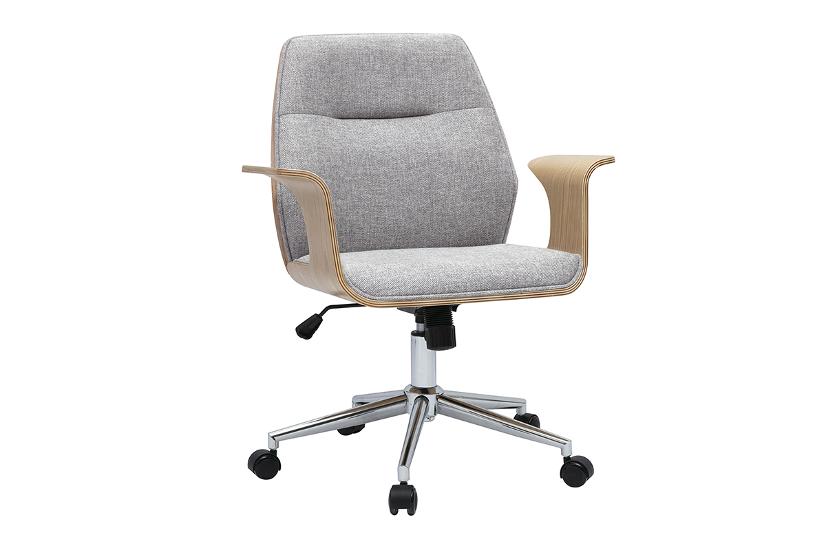 Chaise de bureau � roulettes design en tissu effet velours textur� gris, bois clair et acier chrom� RUFIN