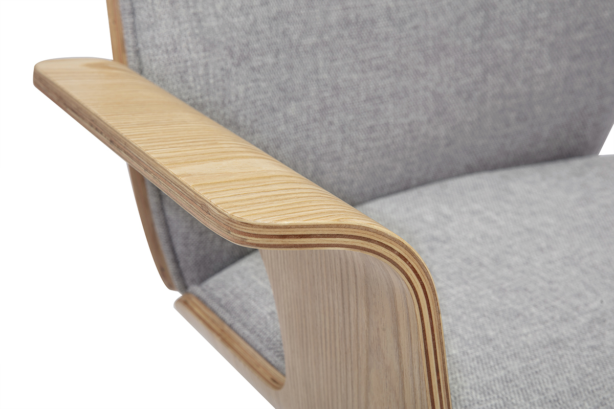 Chaise de bureau � roulettes design en tissu effet velours textur� gris, bois clair et acier chrom� RUFIN