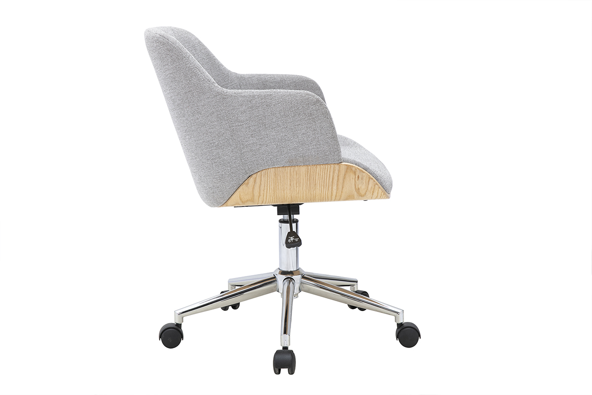 Chaise de bureau � roulettes design en tissu effet velours textur� gris, bois clair et acier chrom� SANDRO