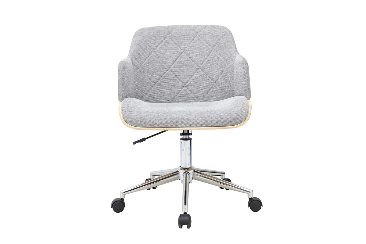 Chaise de bureau � roulettes design en tissu effet velours textur� gris, bois clair et acier chrom� SANDRO