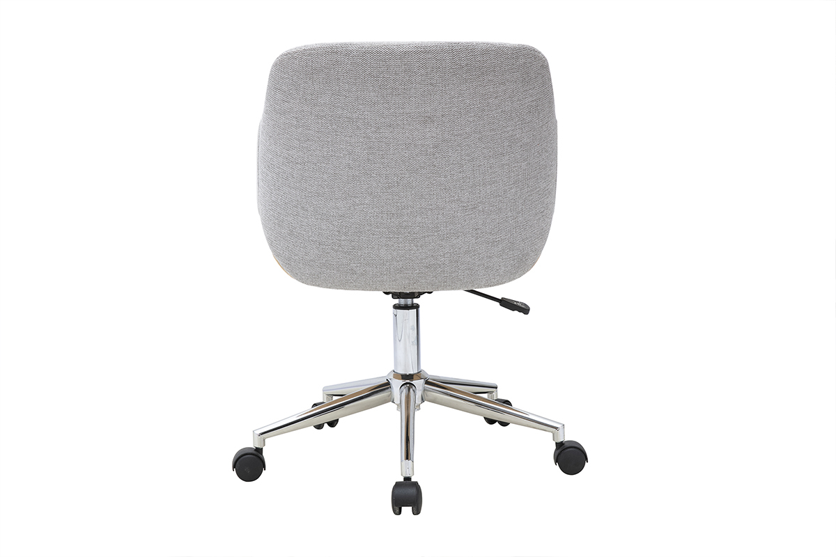 Chaise de bureau � roulettes design en tissu effet velours textur� gris, bois clair et acier chrom� SANDRO