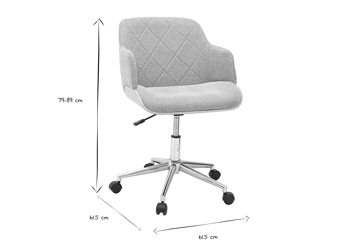 Chaise de bureau � roulettes design en tissu effet velours textur� gris, bois clair et acier chrom� SANDRO