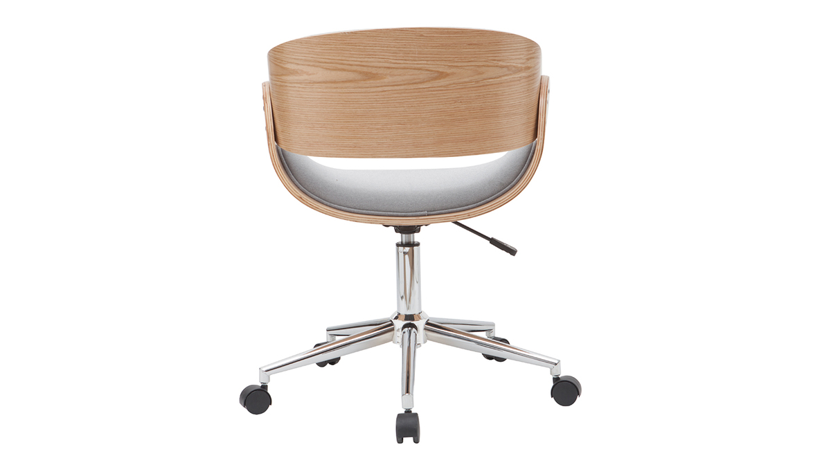 Chaise de bureau  roulettes design en tissu gris, bois clair et acier chrom BENT