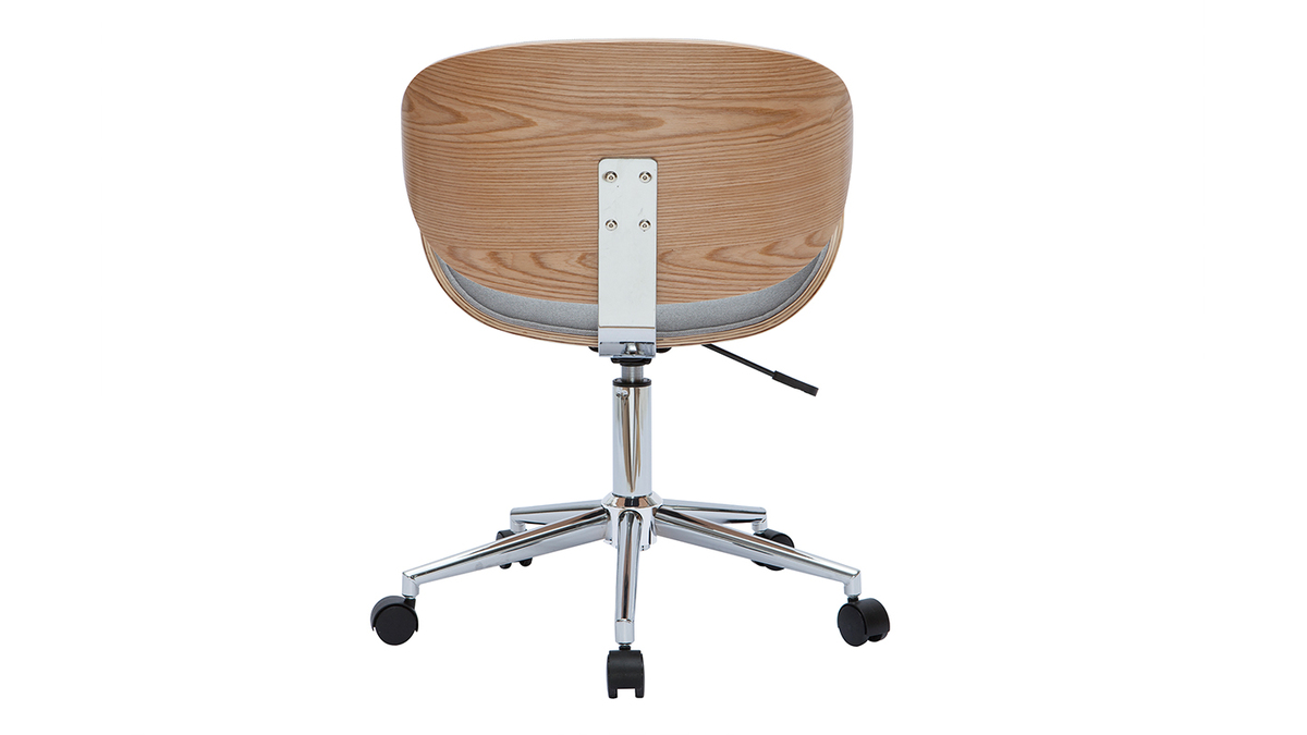 Chaise de bureau  roulettes design en tissu gris clair, bois clair et acier chrom WALNUT