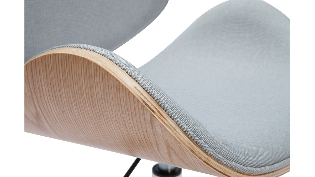 Chaise de bureau  roulettes design en tissu gris clair, bois clair et acier chrom WALNUT